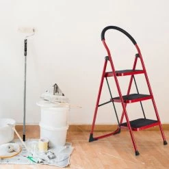 Relaxdays Escabeau, Pliable, 3 Marches Antidérapantes, Charge Max. : 150 kg, Garde-corps, Acier Et Plastique, Rouge/noir -Pas Cher Échelle Magasin 55579061 3