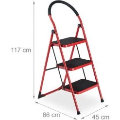 Relaxdays Escabeau, Pliable, 3 Marches Antidérapantes, Charge Max. : 150 kg, Garde-corps, Acier Et Plastique, Rouge/noir -Pas Cher Échelle Magasin 55579061 5