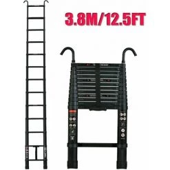 DAY PLUS 12.5FT Échelle Télescopique De 3,8 M Avec Crochet, échelle D'extension En Aluminium, échelle Pliante Antidérapante, échelle Polyvalente En Aluminium De Haute Qualité Avec Un Bouton Rétractable, Capacité De Charge De 330 Lb