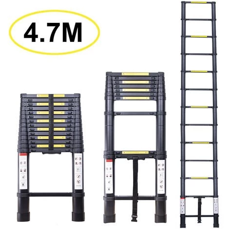 STOEX Échelle Télescopique 4.7M, Extensible Ladder Aluminium Échelle Multi-Fonction, Charge Max 150KG, Tout Noir 1 STOEX Échelle Télescopique 4.7M, Extensible Ladder Aluminium Échelle Multi-Fonction, Charge Max 150KG, Tout Noir