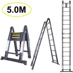 STOEX 5M Échelle Télescopique En Aluminium Pliante (2,5M + 2,5M), Échelle Escamotable Multifonction Bricolage Pliable Charge 150 Kg, Tout Noir