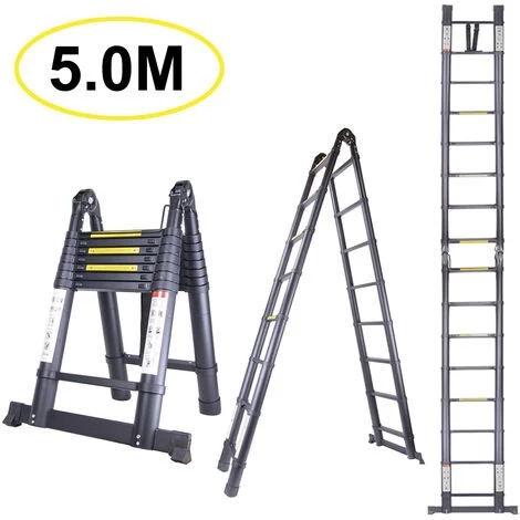 STOEX 5M Échelle Télescopique En Aluminium Pliante (2,5M + 2,5M), Échelle Escamotable Multifonction Bricolage Pliable Charge 150 Kg, Tout Noir 1 STOEX 5M Échelle Télescopique En Aluminium Pliante (2,5M + 2,5M), Échelle Escamotable Multifonction Bricolage Pliable Charge 150 Kg, Tout Noir