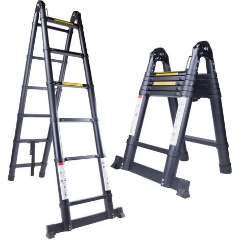 STOEX 5M Échelle Télescopique En Aluminium Pliante (2,5M + 2,5M), Échelle Escamotable Multifonction Bricolage Pliable Charge 150 Kg, Tout Noir 2 STOEX 5M Échelle Télescopique En Aluminium Pliante (2,5M + 2,5M), Échelle Escamotable Multifonction Bricolage Pliable Charge 150 Kg, Tout Noir – Image 2