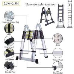 STOEX 5M Échelle Télescopique En Aluminium Pliante (2,5M + 2,5M), Échelle Escamotable Multifonction Bricolage Pliable Charge 150 Kg, Tout Noir 7 STOEX 5M Échelle Télescopique En Aluminium Pliante (2,5M + 2,5M), Échelle Escamotable Multifonction Bricolage Pliable Charge 150 Kg, Tout Noir -Pas Cher Échelle Magasin 56480810 4