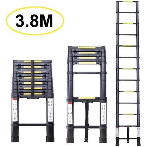 STOEX Échelle Télescopique 3.8M, Extensible Ladder Aluminium Échelle Multi-Fonction, Charge Max 150KG, Tout Noir 1 STOEX Échelle Télescopique 3.8M, Extensible Ladder Aluminium Échelle Multi-Fonction, Charge Max 150KG, Tout Noir