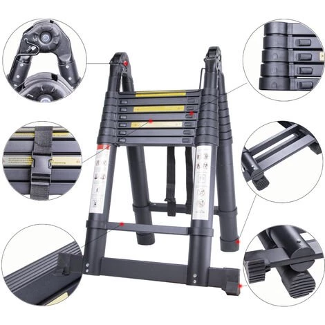 STOEX 3.8M Échelle Télescopique En Aluminium Pliante (1,9M + 1,9M), Échelle Escamotable Multifonction Bricolage Pliable Charge 150 Kg, Tout Noir 3 STOEX 3.8M Échelle Télescopique En Aluminium Pliante (1,9M + 1,9M), Échelle Escamotable Multifonction Bricolage Pliable Charge 150 Kg, Tout Noir – Image 3