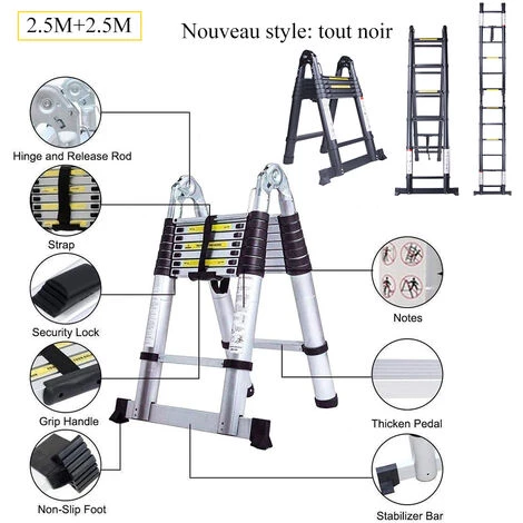 STOEX 3.8M Échelle Télescopique En Aluminium Pliante (1,9M + 1,9M), Échelle Escamotable Multifonction Bricolage Pliable Charge 150 Kg, Tout Noir 4 STOEX 3.8M Échelle Télescopique En Aluminium Pliante (1,9M + 1,9M), Échelle Escamotable Multifonction Bricolage Pliable Charge 150 Kg, Tout Noir – Image 4