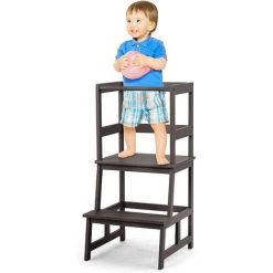 GOPLUS Tour D'apprentissage Pour Enfants,Tour D'Observation Kitchen Helper,Escabeau De Cuisine Pour Enfants Avec Barre De Sécurité,pour Evier De Cuisine Et De Salle De Bain (Marron, Bambou)