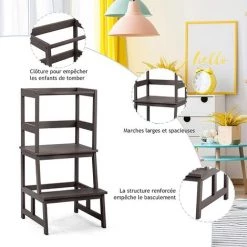 GOPLUS Tour D'apprentissage Pour Enfants,Tour D'Observation Kitchen Helper,Escabeau De Cuisine Pour Enfants Avec Barre De Sécurité,pour Evier De Cuisine Et De Salle De Bain (Marron, Bambou) -Pas Cher Échelle Magasin 56648955 3