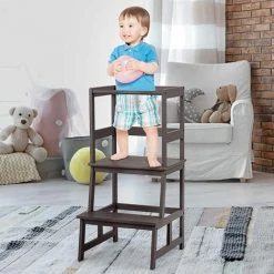 GOPLUS Tour D'apprentissage Pour Enfants,Tour D'Observation Kitchen Helper,Escabeau De Cuisine Pour Enfants Avec Barre De Sécurité,pour Evier De Cuisine Et De Salle De Bain (Marron, Bambou) -Pas Cher Échelle Magasin 56648955 4