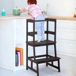 GOPLUS Tour D'apprentissage Pour Enfants,Tour D'Observation Kitchen Helper,Escabeau De Cuisine Pour Enfants Avec Barre De Sécurité,pour Evier De Cuisine Et De Salle De Bain (Marron, Bambou) -Pas Cher Échelle Magasin 56648955 5