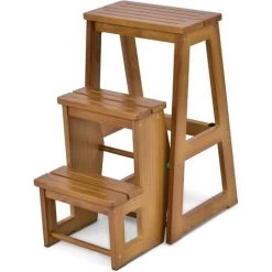 GIANTEX Escabeau Tabouret En Bois,Escabeau à 3 Marches Pliable,Marche Pied Echelle Portable, Peu Encombrant,pour Cuisine Chambre (Naturel)