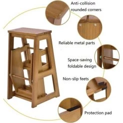 GIANTEX Escabeau Tabouret En Bois,Escabeau à 3 Marches Pliable,Marche Pied Echelle Portable, Peu Encombrant,pour Cuisine Chambre (Naturel) -Pas Cher Échelle Magasin 57488995 3