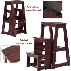 GIANTEX Escabeau Tabouret En Bois,Escabeau à 3 Marches Pliable,Marche Pied Echelle Portable, Peu Encombrant,pour Cuisine Chambre (CafE) -Pas Cher Échelle Magasin 57488999 3