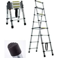 DAY PLUS Échelle Polyvalente 6+7 Marches/2+2,3m Pliable, Marche Pliante En Métal Avec Marches Caoutchoutées, Marches Pliantes Jusqu'à 150 Kg, Couleur Argent