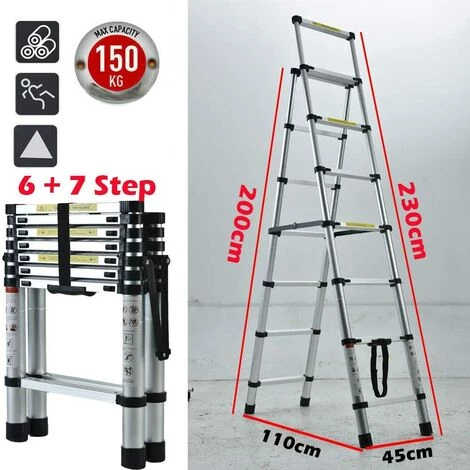 DAY PLUS Échelle Polyvalente 6+7 Marches/2+2,3m Pliable, Marche Pliante En Métal Avec Marches Caoutchoutées, Marches Pliantes Jusqu'à 150 Kg, Couleur Argent 2 DAY PLUS Échelle Polyvalente 6+7 Marches/2+2,3m Pliable, Marche Pliante En Métal Avec Marches Caoutchoutées, Marches Pliantes Jusqu'à 150 Kg, Couleur Argent – Image 2