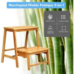 GOPLUS Escabeau Pliable à 2 Marches Avec Levier Basculant, Tabouret Multifonctionnel En Bambou Antidérapant Et Résistant, Idéal Pour Maison Ou Bureau, 45 X 51 X 48CM, Charge Max 100 KG, Naturel -Pas Cher Échelle Magasin 58543671 3