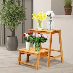 GOPLUS Escabeau Pliable à 2 Marches Avec Levier Basculant, Tabouret Multifonctionnel En Bambou Antidérapant Et Résistant, Idéal Pour Maison Ou Bureau, 45 X 51 X 48CM, Charge Max 100 KG, Naturel -Pas Cher Échelle Magasin 58543671 4