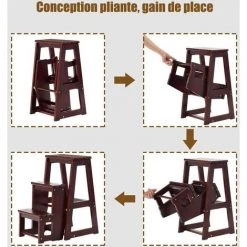 DREMADE DREAMADE Escabeau Tabouret Pliant 3 Marches Fabriqué En Pin, Multifonctionnel Portable Peu Encombrant Décoratif En Bois Naturel, Cuisine Chambre Bureau Magasin (Café) -Pas Cher Échelle Magasin 58846045 3