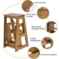 DREMADE DREAMADE Escabeau Tabouret Pliant 3 Marches Fabriqué En Pin, Multifonctionnel Portable Peu Encombrant Décoratif En Bois Naturel, Cuisine Chambre Bureau Magasin (Naturel) -Pas Cher Échelle Magasin 58846050 3