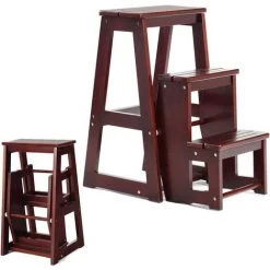 RELAX4LIFE Escabeau Tabouret Pliant 3 Marches Fabriqué En Pin, Multifonctionnel Portable Peu Encombrant Décoratif En Bois Naturel, Cuisine Chambre Bureau Magasin (Noyer Foncé)