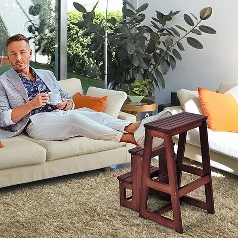 RELAX4LIFE Escabeau Tabouret Pliant 3 Marches Fabriqué En Pin, Multifonctionnel Portable Peu Encombrant Décoratif En Bois Naturel, Cuisine Chambre Bureau Magasin (Noyer Foncé) 5 RELAX4LIFE Escabeau Tabouret Pliant 3 Marches Fabriqué En Pin, Multifonctionnel Portable Peu Encombrant Décoratif En Bois Naturel, Cuisine Chambre Bureau Magasin (Noyer Foncé) – Image 5