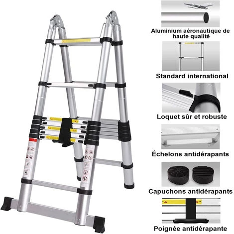 JN.SONGS Échelle Télescopique 5M En Aluminium - Extenable Échelle à Coulisse (2,5M + 2,5M) - Échelle Polyvalente Capacité 150kg 3 JN.SONGS Échelle Télescopique 5M En Aluminium - Extenable Échelle à Coulisse (2,5M + 2,5M) - Échelle Polyvalente Capacité 150kg – Image 3