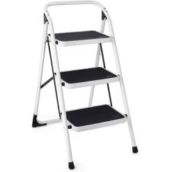 GIANTEX Escabeau Pliable à 2/3/4 Marches Antidérapant, Marchepied Pliant Portable, Echelle Domestique Pliable En Metal Avec Barre De Sécurité, Charge 150 Kg (3 Marches)