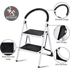 GIANTEX Escabeau Pliable à 2/3/4 Marches Antidérapant, Marchepied Pliant Portable, Echelle Domestique Pliable En Metal Avec Barre De Sécurité, Charge 150 Kg (2 Marches) -Pas Cher Échelle Magasin 63738197 3