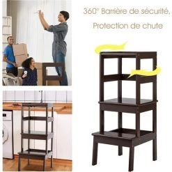 RELAX4LIFE Tour D’Apprentissage Tour D’Observation En Bois, Escabeau Pour Enfants 18 Mois - 5 Ans, Chaise Assistante Securisée Pour Cuisine, Salle à Manger Et Salle De Bain, Naturel/Café/Gris (Café)