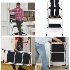 RELAX4LIFE Escabeau Pliable En Fer Avec Structure Stable, Marchepied Échelle Pliante Avec Poignée Et Pied Antidérapants, Capacité De 150 Kg (3 Marches Avec Blanc Poignée) -Pas Cher Échelle Magasin 64129991 3