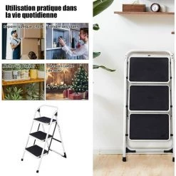 RELAX4LIFE Escabeau Pliable En Fer Avec Structure Stable, Marchepied Échelle Pliante Avec Poignée Et Pied Antidérapants, Capacité De 150 Kg (3 Marches Avec Blanc Poignée) -Pas Cher Échelle Magasin 64129991 4