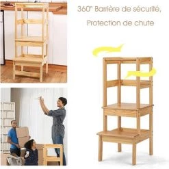 RELAX4LIFE Tour D’Apprentissage Tour D’Observation En Bois, Escabeau Pour Enfants 18 Mois-5 Ans, Chaise Assistante Securisée Pour Cuisine, Salle à Manger, Salle De Bain, Naturel/Café/Gris (Naturel) -Pas Cher Échelle Magasin 64130068 4