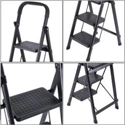 JN.SONGS Escabeau En Aluminium 3 Marches Échelle Tabouret Marche Pied Pliant Avec Pieds Anti Dérapant Max 150Kg, Noir -Pas Cher Échelle Magasin 64179269 4