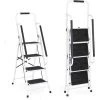 DAY PLUS Scabeau En Acier De 4 Marches Tabouret Marche Pied Pliant Echelle Escabeau Professionnel Avec Pieds Anti Dérapant, Larges Marches Et Détachable Main Courante Echelle Pliante Max 150Kg