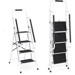 DAY PLUS Scabeau En Acier De 4 Marches Tabouret Marche Pied Pliant Echelle Escabeau Professionnel Avec Pieds Anti Dérapant, Larges Marches Et Détachable Main Courante Echelle Pliante Max 150Kg