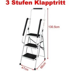 DAY PLUS Escabeau Pliable à 3 Marches Avec Main Courante - Escabeau Pliable En Acier - Escabeau Antidérapant - Charge Maximale : 150 Kg - Pour La Maison, La Cuisine, Le Garage