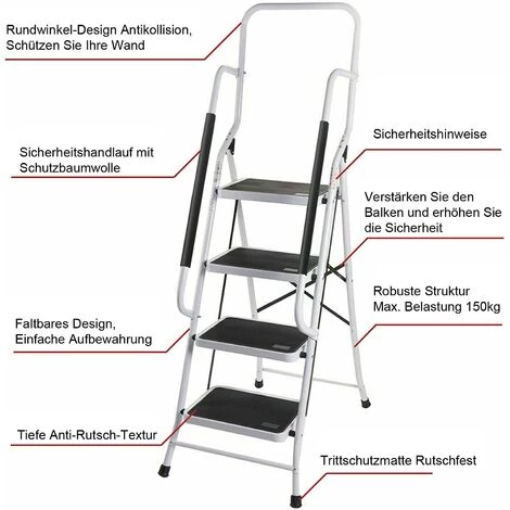 DAY PLUS Escabeau Pliant En 4 Marches, Échelle Antidérapante Avec Main Courante De Sécurité, Robuste Et Large Pédale, Multi-Usage Pour Ménage Et Bureau, Charge Jusqu'à 150KG 3 DAY PLUS Escabeau Pliant En 4 Marches, Échelle Antidérapante Avec Main Courante De Sécurité, Robuste Et Large Pédale, Multi-Usage Pour Ménage Et Bureau, Charge Jusqu'à 150KG – Image 3