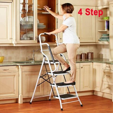 DAY PLUS Escabeau Pliant En 4 Marches, Échelle Antidérapante Avec Main Courante De Sécurité, Robuste Et Large Pédale, Multi-Usage Pour Ménage Et Bureau, Charge Jusqu'à 150KG 4 DAY PLUS Escabeau Pliant En 4 Marches, Échelle Antidérapante Avec Main Courante De Sécurité, Robuste Et Large Pédale, Multi-Usage Pour Ménage Et Bureau, Charge Jusqu'à 150KG – Image 4