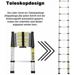 Hengda Échelle à Coulisse Télescopique Jusqu'à 150 Kg Escabeau Stable En Aluminium Gain De Place 3,8 M - Argent -Pas Cher Échelle Magasin 65648512 4