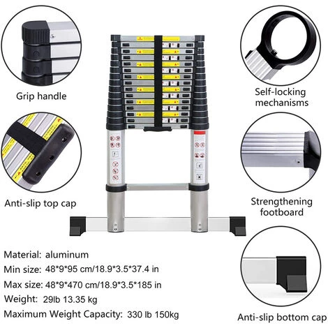 OOBEST Échelle Télescopique En Aluminium, 4,7 M, Antidérapante, échelle Extensible Polyvalente, Charge Maximale : 150 Kg 2 OOBEST Échelle Télescopique En Aluminium, 4,7 M, Antidérapante, échelle Extensible Polyvalente, Charge Maximale : 150 Kg – Image 2