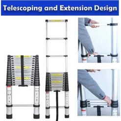 DAY PLUS Échelle Télescopique Robuste De 4,4 M - En Aluminium - Échelle Télescopique - Escabeau Pliable Pour Norme De Sécurité Polyvalente EN131 - Capacité De 150 Kg