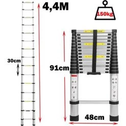 DAY PLUS 14.4FT Échelle Télescopique Légère 4,4m Echelle Pliante Aluminium Avec Le Mécanisme De Rétraction, Charge Maximale 150kg, Sûre Et Solide, Extensible Ladder