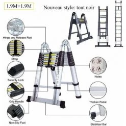 Cisea Échelle Télescopique Polyvalente 3.8 M En Aluminium Pliante, Extenable Échelle à Coulisse Multifonction Noir - 1.9M+1.9M -Pas Cher Échelle Magasin 68078255 5